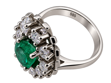 Eleganter Entourage-Ring aus 585 Weißgold mit feinem Smaragd & Brillanten 4,68g (45)