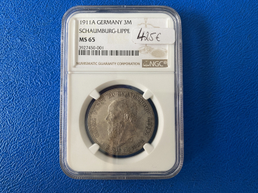 Schaumburg-Lippe 3 Mark 1911 A Georg Silber NGC-Slap MS65