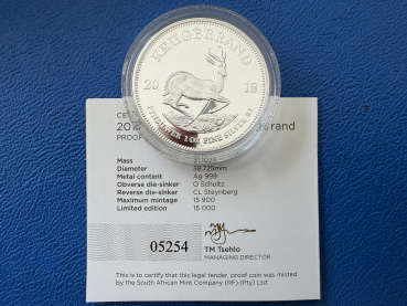 Preview: Süd Afrika 1 Oz Krügerrand 2018 Silber in Polierte Platte inkl. CoA