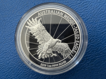 Preview: Perth Mint 1 Oz 2019 Wedge - Tailed Eagle High Relief Silber in Polierte Platte in CoA