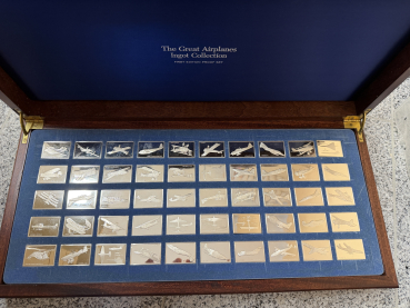 Franklin Mint 1978-1982 Great Airplanes Ingot / Flugzeugserie 50 x Silberbarren Ingesamt 875g Feinsilber in großer Holzkiste 