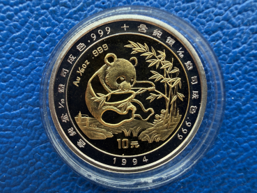 China  10 Yuan 1994 Panda Bimetall 1/10 Oz Feingold u. 1/28 Oz Feinsilber Auflage: 3000