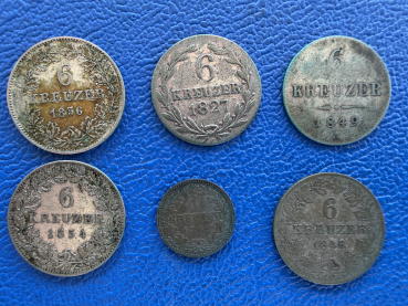 Altdeutsches LOT 6 Münzen 1827 - 1862 6 Kreuzer und 1 Kreuzer TOP!