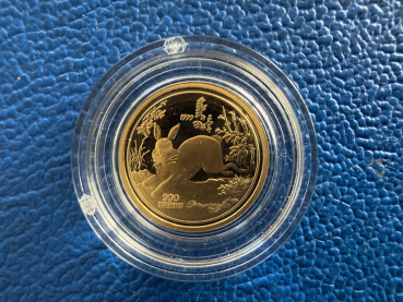 Kleinste Goldmünze d. Welt Mongolei 500 Togrog 1999 Hase Gold in PP
