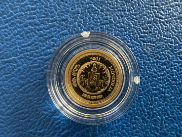 Preview: Kleinste Goldmünze d. Welt Mongolei 500 Togrog 1999 Hase Gold in PP