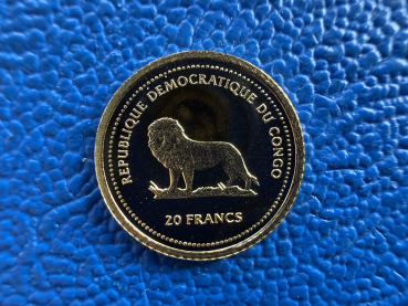Preview: Kleinste Goldmünze d. Welt Congo 20 Francs 2000 Meeresfauna Marine Life Protection Gold in PP