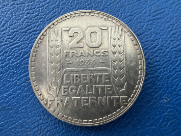 Preview: Frankreich 20 Francs 1933 3. Republik in Silber Tolle Erhaltung