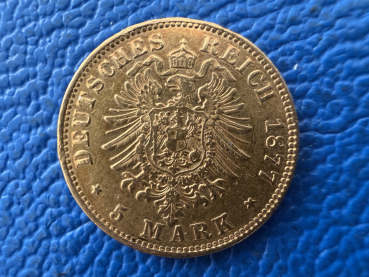 Preview: Hamburg 5 Mark 1877 J Stadtwappen Gold (3) Jaeger 208 - Sonderpreis -