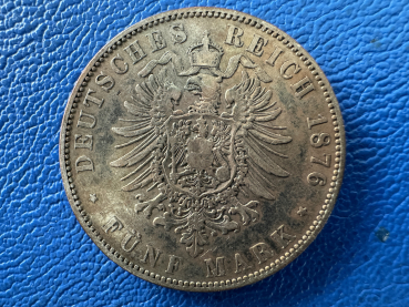 Preview: Sachsen 5 Mark 1876 E Albert Silber tolle Patina, Top Erhaltung Jaeger 122 (2)