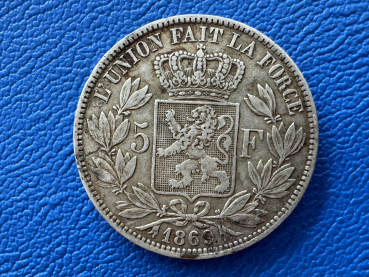 Preview: Belgien 5 Francs 1869 Leopold II Silber
