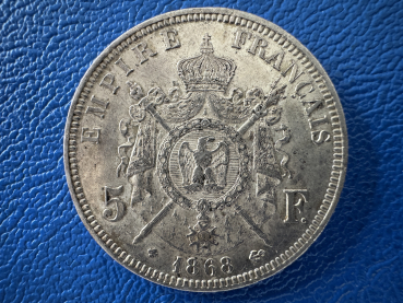 Preview: Frankreich 5 Francs 1868 BB Napoleon III Tolle Erhaltung in Silber