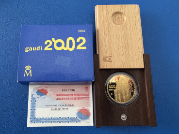 Spanien 400 Euro 2002 Antoni Gaudi "Casa Batlló" Gold in Polierte Platte CoA