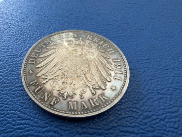Preview: Bayern 5 Mark 1911 D Luitpold zum 90. Geb. Silber in Polierte Platte mit toller Patina (1)