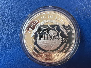 Preview: Liberia 20$ 1997 Meeresfauna 5 Oz Feinsilber in Farbe selten