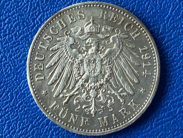 Preview: Preußen 5 Mark 1914 A Wilhelm II. in Uniform Silber (2) in Polierte Platte, sehr selten!