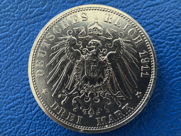 Preview: Württemberg 3 Mark 1911 Silberhochzeit d. Königspaars Jaeger 177b Prachtstück / Prägefrisch mattiert! selten! (5)