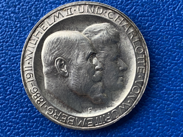 Württemberg 3 Mark 1911 Silberhochzeit d. Königspaars (2) Jaeger 177b Polierte Platte / mattiert RARITÄT