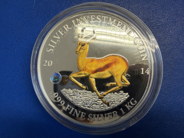 Preview: Gabun 10.000 Francs CFA 2014 The African Springbock 1 KG Silber Prooflike inkl. Box 500 Stk. weltweit!