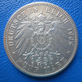 Preview: Baden 5 Mark 1908 G Friedrich II Silber