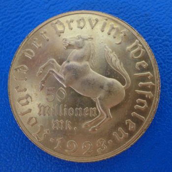 Preview: Provinz Westfalen 50 Millionen Mark 1923 vom Stein vergoldet Jaeger 23 b selten!