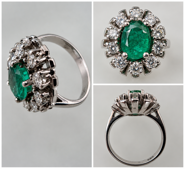 Eleganter Entourage-Ring aus 585 Weißgold mit feinem Smaragd & Brillanten 4,68g (45)