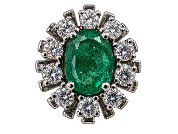 Eleganter Entourage-Ring aus 585 Weißgold mit feinem Smaragd & Brillanten 4,68g (45)
