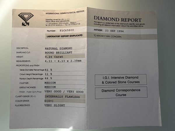 Runder Brilliantdiamant mit 0,24 ct, Farbe D (hochweiß) Reinheit IF (Internally Flawless) orig. versiegelten Blister (33)