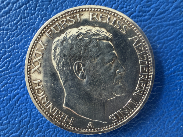 Reuß 3 Mark 1909 A Heinrich XXIV Jaeger 119 Prachtexemplar, selten!