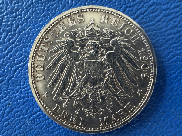 Reuß 3 Mark 1909 A Heinrich XXIV Jaeger 119 Prachtexemplar, selten!