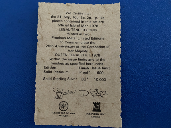 Isle of Man Platin Prestige Satz 1978 1/2 Pence-1 Pound 25 Jahre Queen Elisabeth gesamt 99,68g Feinplatin, RARITÄT