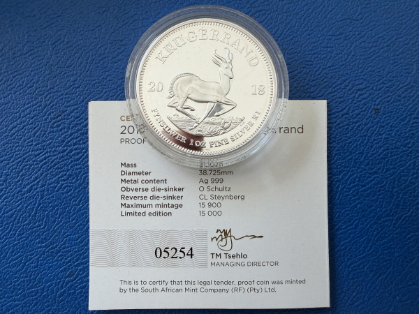 Süd Afrika 1 Oz Krügerrand 2018 Silber in Polierte Platte inkl. CoA