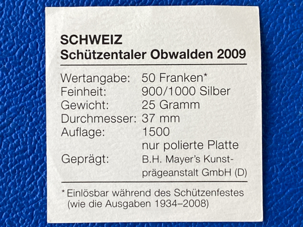Schweiz 50 Franken 2009 Schützentaler Silber in Polierte Platte selten