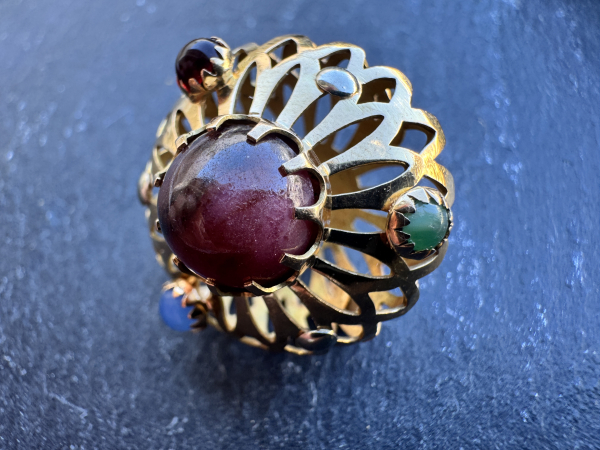 Vintage / Kugelanhänger aus 750er Gelbgold mit mehrfarbigen Cabochon-Steine, ca.23mm x 24mm, ca.7,8g (39)