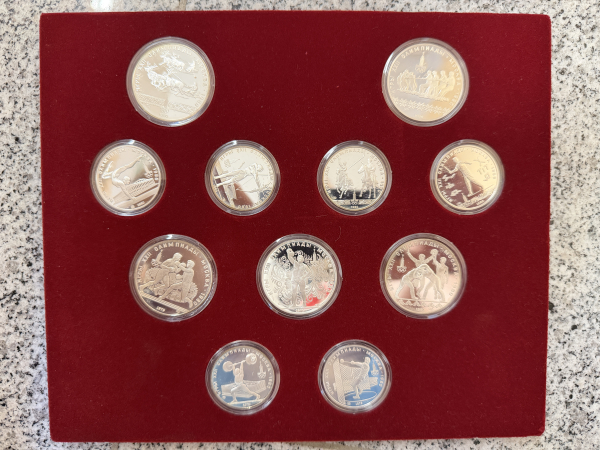 Rusland 14 x 5 Rubel und 14 x 10 Rubel Olympiade Moskau 1980, 630g Feinsilber in Polierte Platte inkl. roter Box Luxus Qualität!