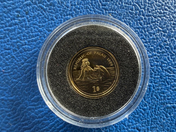 Kleinste Goldmünze d. Welt Palau 1$ 1999 Marine Life Protection Shockfish Gold in PP