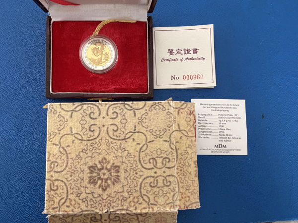 China 25 Yuan 1996 Panda Bimetall nur 1.500 Stk. weltweit 1/4 Oz Feingold + 1/8 Oz Feinsilber
