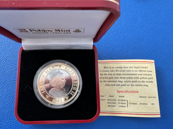 Isle of Man 1 Crown 2002 Elisabeth II. Golden Jubilee Polierte Platte Tricolor Gold 27,62g Feingold selten