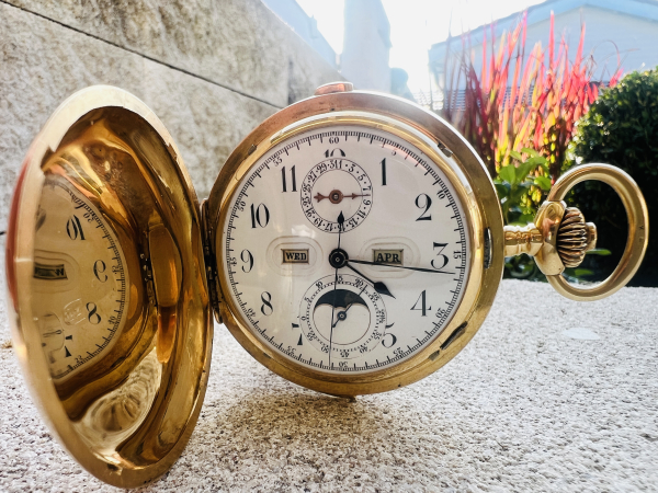 Antike Hamilton & Co. Calcutta Chronographen-Taschenuhr – 14K (585) Gold – Swiss Made (23) Rarität!