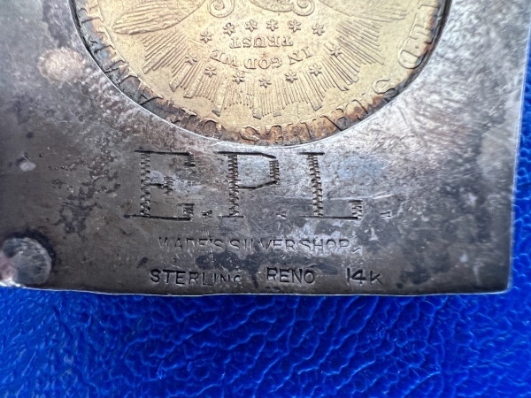 USA 20 Dollar 1895 - S Head gefasst in Silber Westernschnalle mit 14 Karat Dekor selten!