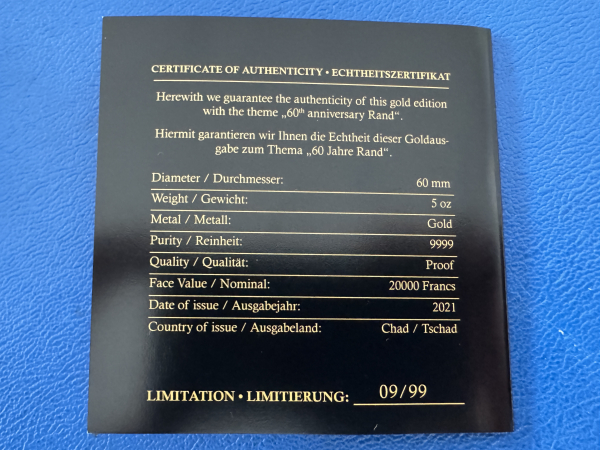 Tschad 20.000 Francs 2021 African Springbock 5 Oz Feingold RARITÄT 99  Stk. weltweit!