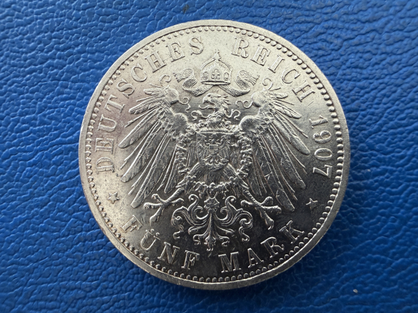 Preußen 5 Mark 1907 A Wilhelm II Silber Jaeger 104