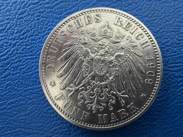 Sachsen 5 Mark 1909 Friedrich August III Universität Leipzig Top Erhaltung (2)