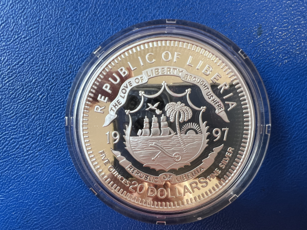 Liberia 20$ 1997 Meeresfauna 5 Oz Feinsilber in Farbe selten
