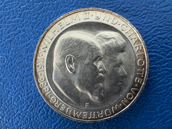 Württemberg 3 Mark 1911 Silberhochzeit d. Königspaars (3) Jaeger 177a Prachtstück