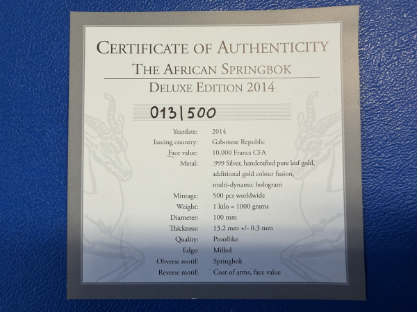 Gabun 10.000 Francs CFA 2014 The African Springbock 1 KG Silber Prooflike inkl. Box 500 Stk. weltweit!