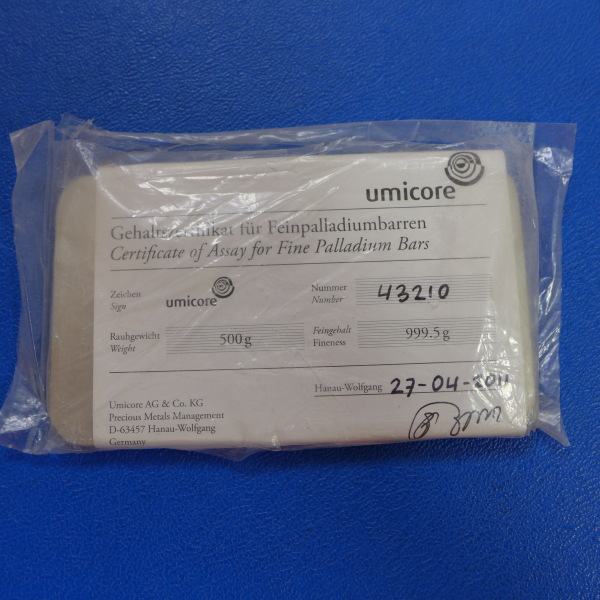 500 Gramm Palladium Barren Umicore mit Zertifikat regelbesteuert