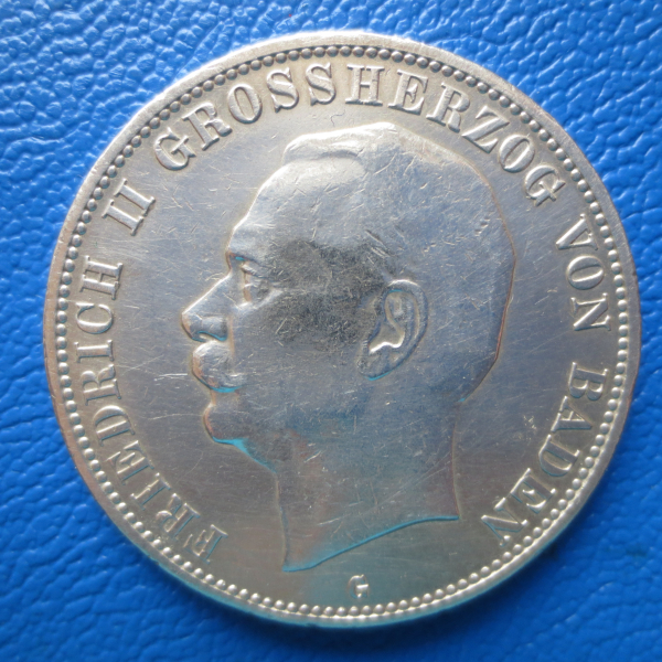 Baden 5 Mark 1908 G Friedrich II Silber