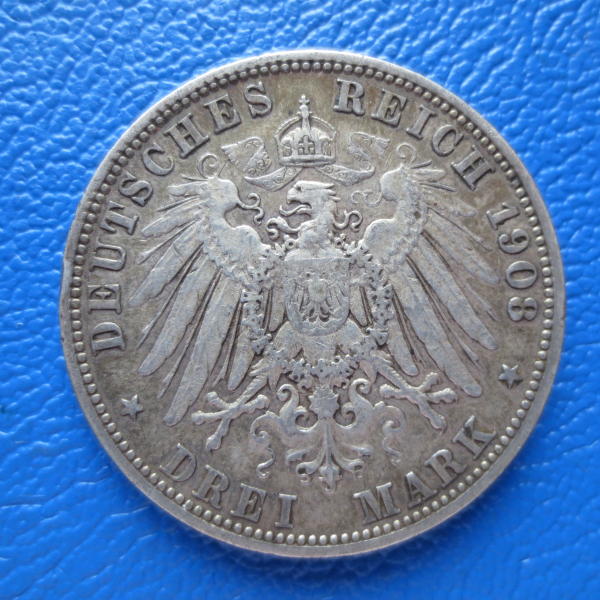 Württemberg 3 Mark 1908 F Wilhelm II Silber