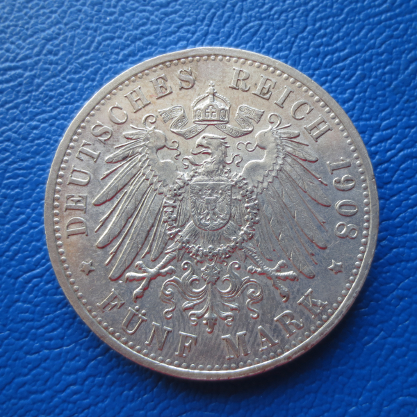 Baden 5 Mark 1908 G Friedrich II Silber (1)