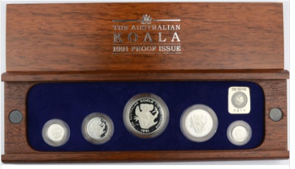 Australien 1 Oz - 1/20 Oz 1991 Koala Proof Set, Full Set, 59,085g Feinplatin 1,9 Oz